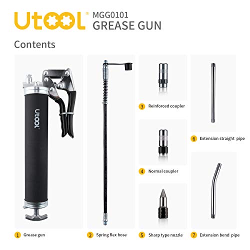 UTOOL Grease Gun, 7000 PSI Heavy Duty Pistol Grip Grease Gun Set with 14 oz Load, 18 Inch Spring Flex Hose, 2 Working Coupler, 2 Extension Rigid Pipe and 1 Sharp Type Nozzle Included Black