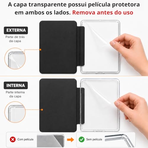 Capa Para Kindle Paperwhite 12ª Geração 7” (SA569P e SA568B) e Kindle Colorsoft (SA58CB e SA59CP) Auto Hibernação – Fechamento Magnético – Traseira Transparente (Preto)