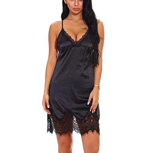 Danhjin Elegant Women Sexy Lingerie Babydoll Mini Sleepskirt V-Neck Lace Alluring Lace Trim Satin Dress (Black, M)