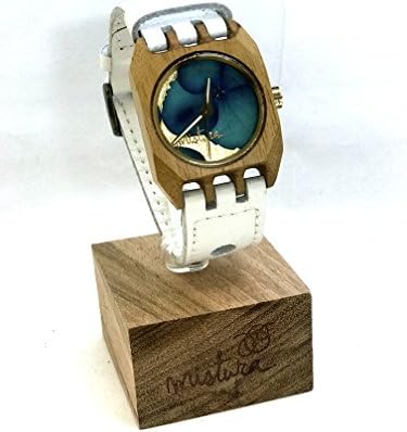 Volkano Design. Santa Elena Collection, White Watchband, Teak Wood, Blue Flowers