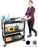 Tubstr 3 Shelf Utility Cart | Heavy Duty Service Cart Supports Up to 400 lbs | Tub Cart with Deep Shelves | Great for Warehouse, Garage, Cleaning, Office & More (32 x 18 / Black)