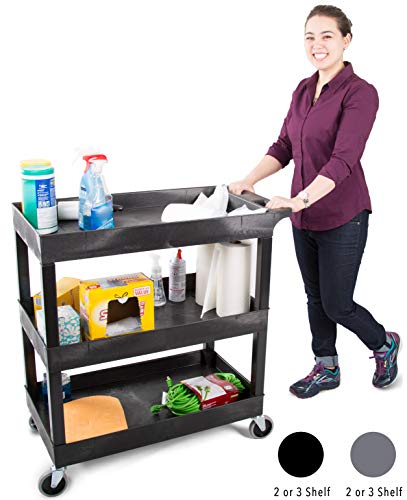 Tubstr 3 Shelf Utility Cart | Heavy Duty Service Cart Supports Up to 400 lbs | Tub Cart with Deep Shelves | Great for Warehouse, Garage, Cleaning, Office & More (32 x 18 / Black)
