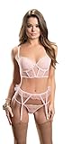 Escante Women's Fairytale Nights 4 Piece Bra Set with Underwire Adjustable Straps Garter Belt and Cotton Crotch G-String and Hose, Pink/Gold, Small