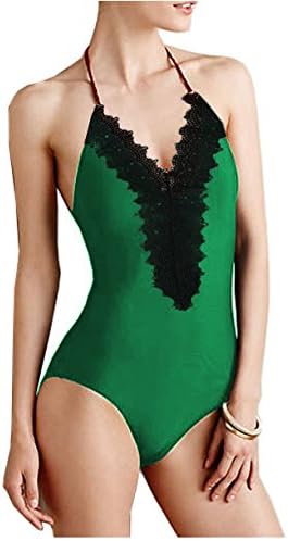 Mitang Women's One Piece Floral Lace Halter Monokini (M(US6-8), Green)