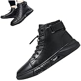 Men's Black Italian High-Top Casual Leather Boots,Round Toe Waterproof Non-slip Shock-absorbing Business Ankle Booties