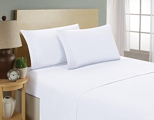 Kathy Ireland Essentials 1800 Series Egyptian Collection 6 Piece Brushed Microfiber 3 Line Embroidered Sheet Set (King, White)