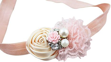 Fairy Factory Peach and Cream Handmade Satin and Lace Flower Headband with Pearl and Crystal Rhinestone Center - Peach &amp; Cream