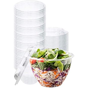 Disposable Salad Bowls with Lids (50 Count) 48 oz. Plastic Salad Bowls - Large Salad Bowl To-Go Container with Airtight Lids