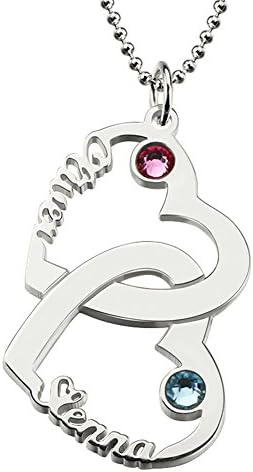 Intertwined Double Open Heart Personalized Name Necklace Silver Birthstone Custom Made with 2 Names