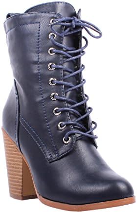 Fashion Faux Leather Lace up Zippers Ankle-high Chunky Heels Womens Combat Boots Winter Shoes New Without Box (6.5, Navy)