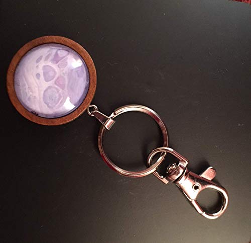 Wooden Key Chain Stunning One of a Kind Round Pendant Abstract Acrylic Pouring/Fluid Art Key Fob Silver Cabochon (25mm) Lavender, Purples and White #28 - Thumbnail 3