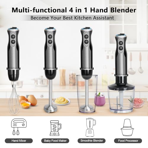 Kolohoso 1500W Hand Blender, 4 in 1 Professional Multifunctional Mixer with 20 Speeds and Turbo, 304 Stainless Steel, Whisk, Chopper 500 ml and Measuring Cup 600 ml, for Smoothie Soups Sauces, BPA Free