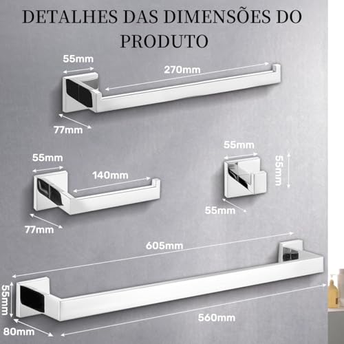Conjunto de 4 Acessórios para Banheiro em Aço Inoxidável, Kit Acessórios Inox Para Banheiro Lavabo, Conjunto Toalheiro Parede, Conjunto de para Toalheiro de Banheiro