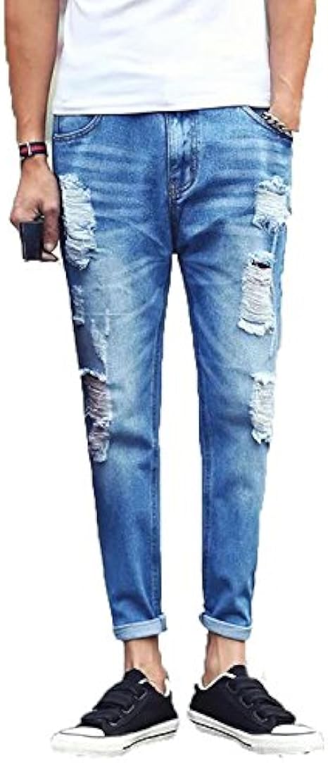 Amazon Ehame ダメージ ジーンズ デニム パンツ メンズ ジーパン ジーンズ スキニー パンツ 9分丈 涼しい カジュアル ロングパンツ ライトブルー28 ジーンズ 通販