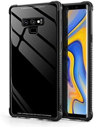 Samsung Galaxy Note 9 Case, Tempered Glass Back Cover Soft Silicone Rubber Bumper Frame Shock Absorption Anti-Scratch Support Wireless Charging Galaxy Note 9 Case