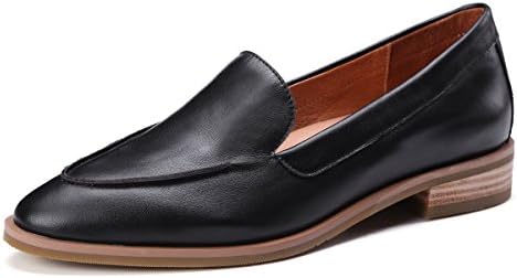 ONEENO Loafers for Women Comfort Casual Slip on Low Heels Cowhide Leather Flat Shoes Black Size 7.5 US