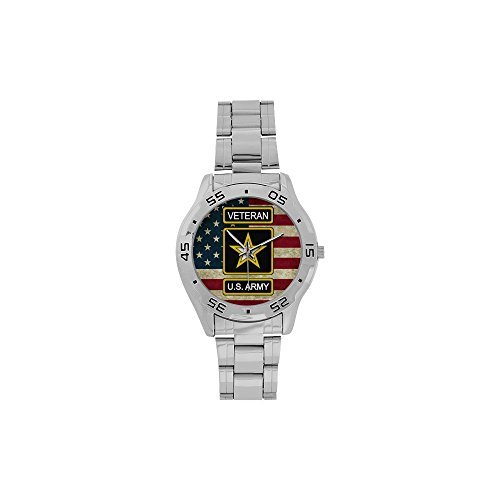 Special Design Military US Army Veteran and American Flag Custom Men's Stainless Steel Analog Watch Sliver Metal Case, Tempered Glass