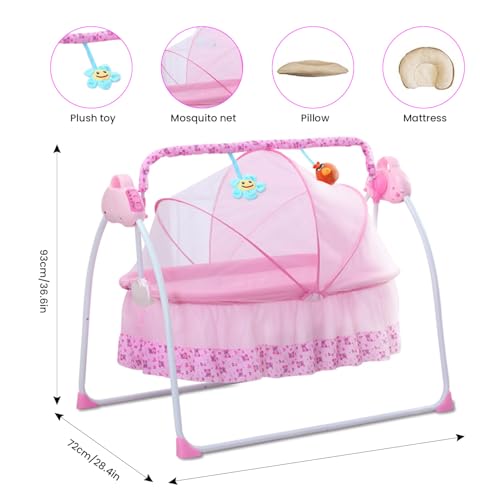 Jorunb Electric Baby Swing for Infants,Smart Electric Cradle,Foldable Portable Electric Toddler Rocker,5 Speeds,Bluetooth Support,With Remote Control,Mosquito Net(Red)