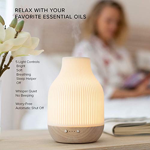 Essential Oil Diffuser Lamp, White Ceramic + Wood, Ultrasonic 180ml, Whispersoft, 4 Timers + 5