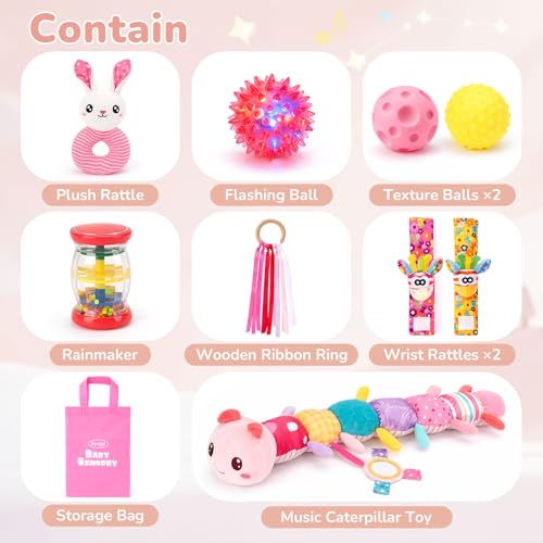 Joyreal Baby Girl Toys Baby Essentials for Newborn, 10pcs Newborn Baby Gifts, Musical Caterpillar Toys, Rattles, Ribbons, Baby Toys 6 to 12 Months, Sensory Toys for Babies 0-6 Months