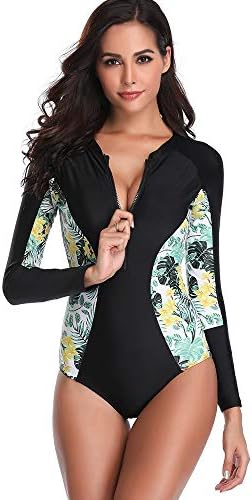 EUSupermarket Women's Zip Front Long Sleeve Swimwear Printed One Piece Swimsuit with Chest Pad