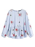 SheIn Women's Loose Long Sleeve Flower Embroidered Ruffle Hem Babydoll Top