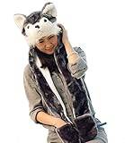 Plush Wolf Animal Winter Hat with Ear Flaps and Hand Pockets (One Size Fits All)