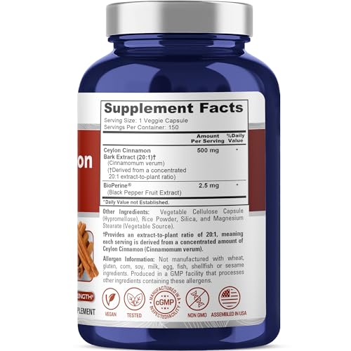 NusaPure | Ceylon Canela 500 mg con BioPerine | 150 Cápsulas | Vegano, Sin GMO, Sin Gluten