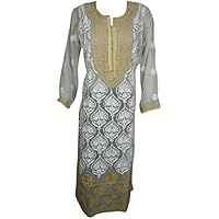 Mogul Interior Womens Long Tunic Dress Floral Hand Embroidered Sheer Georgette Beach Bikini Cover up Indian Caftan