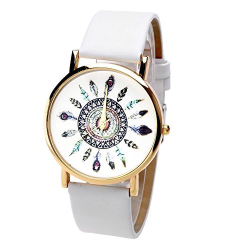 JSDDE - Montre Quartz Mixte Plume de Paon Bracelet en PU Cuir Blanc