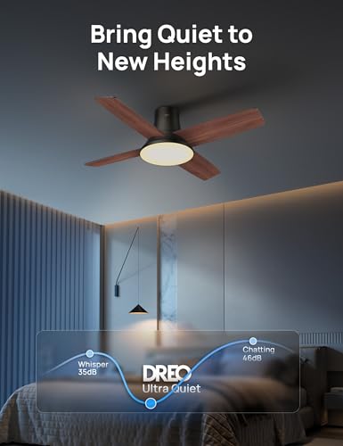 DREO Ceiling Fans with Lights and Remote, 44'' Low Profile Black Ceiling Fan for Bedroom and Living Room, 6-Level Dimmable & 5-Color Tone, 6 Speeds, Reversible DC Motor, Easy Installation, Timer