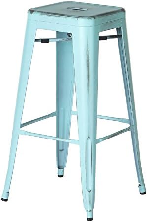 PoliVaz Vintage Metal Tolix-Style Bar Stool, Antique, Blue