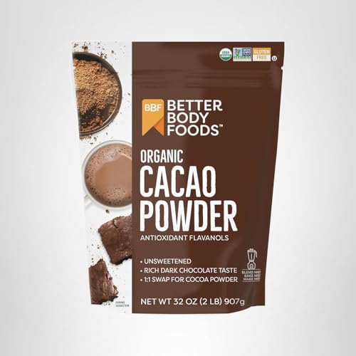 BETTERBODY FOODS ORGANIC CACAO POWDER, UNSWEETENED, RICH CHOCOLATE FLAVOR, NON-GMO, GLUTEN-FREE, 32 OUNCE, 2 LB BAG
