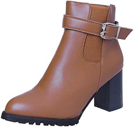 Women Buckle Ladies Belt Faux Warm Boots Ankle Shoes High Heels Martin Boots Brown by Topunder