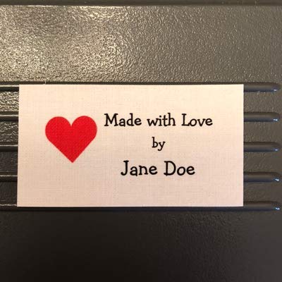 40 Custom Iron ON Fabric Flat Sewing Labels/Tags with Heart Graphic in Color Ink-Made in USA