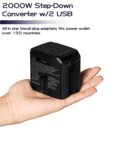 2000Watts Electric Power Converter Step Down Voltage 220V to 110V for US Electric Appliances Like Hair Dryer World Plug Adapter with 2 USB US to Europe, UK, AU, Asia Over 150 Countries - UL Test Pass