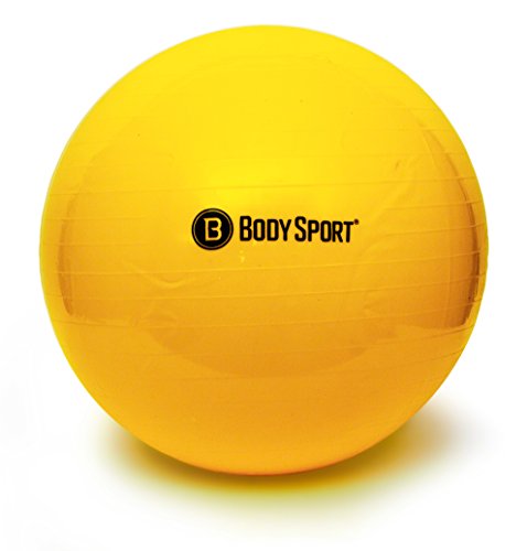 Exercise Ball With Pump (Yellow 65cm) - by BodySport - Strengthen Your Core for Great Abs - Tone - Yoga - Fitness - Stability - Pilates - Free Exercise Guide Included