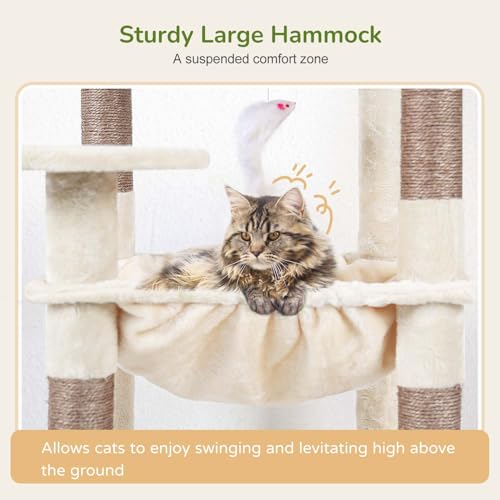 Globlazer Beige Cat Tree 137 cm with Extra Large Hammock 45 x 40 cm, Large Kennels, Padded Platform, Easy to Install Indoor Cat Trees for Adult Cats Rest, Scratching Game (F53, Beige)
