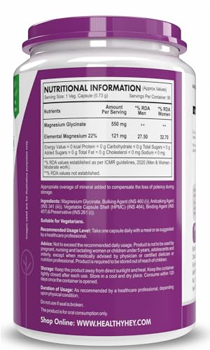 HealthyHey Nutrition Magnesium Glycinate High Absorption for Sleep, Cramps, & Nerves Health - 90 Vegetable Capsules