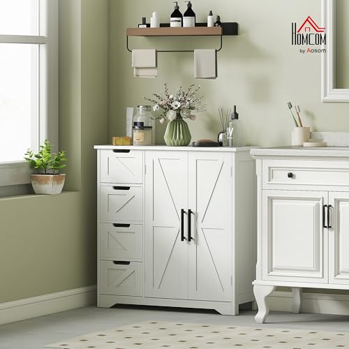 HOMCOM Bathroom Floor Cabinet, Farmhouse Bathroom Storage Cabinet with Barn Doors and Adjustable Shelf, White