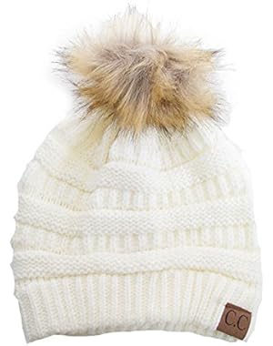 Soft Stretch Cable Knit Ribbed Faux Fur Pom Pom Beanie Hat