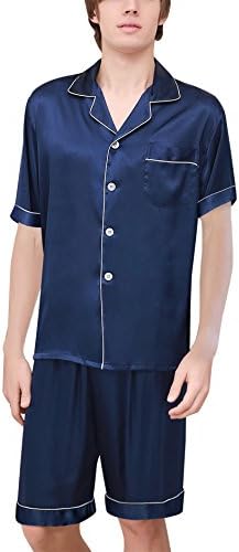 Mens Luxury Polyester Pajamas Short Button-Down Breathable Silk Sleepwear PJ Set