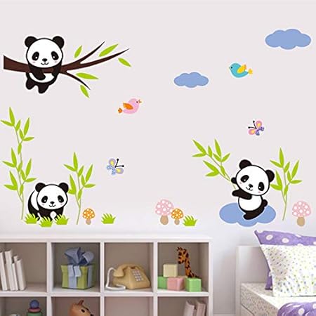 Sticker Mural Dessin Animé Animaux Panda Papillon Oiseaux