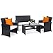 Goplus 4-Piece Rattan Patio Furniture Set Garden Lawn Pool Backyard Outdoor Sofa Wicker Conversation Set with Weather Resistant Cushions and Tempered Glass Tabletop (Black)