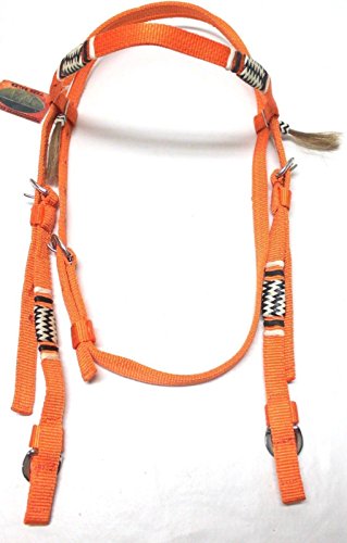 Pony Orange Nylon w/ Braided Rawhide Trim Bridle w/ Breast Harness Horse Tack