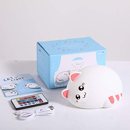 Kids Night Light Kitty Cat Silicone Lamp Soft Touch with Tap Control & Remote Rechargeable RGB Color Changing, Xmas Gift for Boys/Girls Infant Toddler - Thumbnail 7