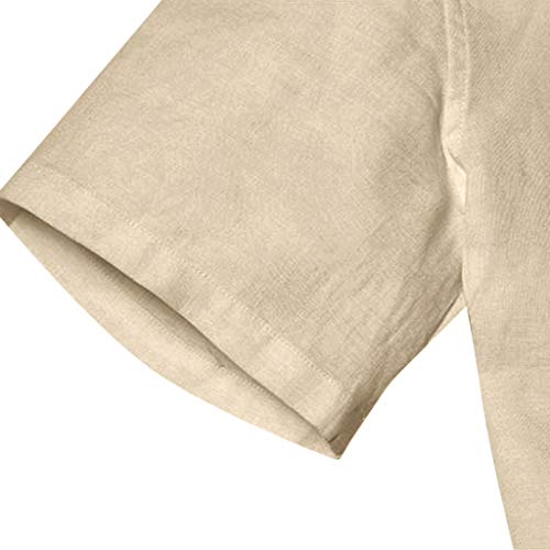Ximandi Men's Baggy Cotton Linen SOID Color Short Sleeve Retro T Shirts Tops Blouse Khaki