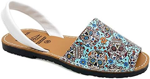 Avarca - Made in Spain - Women's Fashion Flat Sandals Summer Flip-Flops Slippers. Genuine Leather Upper and Leather Insole. 413 Blue-Multi Skull