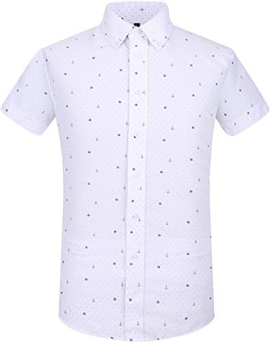 QIHUANG Sailor Elements Pattern Mens Casual Slim Fit Short Sleeve Plaid Printed Dress Summer Shirts (M, White)