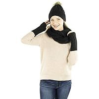 Exotic Identity Pom Pom Hat, Infinity Scarf, and Fingerless Gloves Cable Knit 2-Piece Gift Set Out and About Cold Weather Wear for Women - One Size - Black